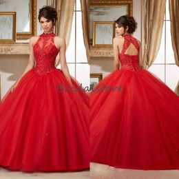 Sexy Red Quinceanera Dresses High Neck Lace Appliques Ball Gown Prom Party Gowns 2020 Open Back Corset Brithday Sweet 16 Dress 202252b