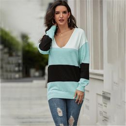 Women V-neck Lazy Sweater Fashion Trend Colorblock Loose Knitting Tops Designer Autumn New Female Casual Long Sleeve Loose Sweaters Clothing