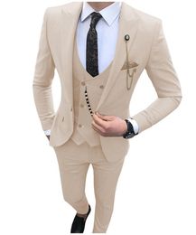 Excellent Beige Slim Fit Piece Suit Men Wedding Tuxedos Peak Lapel Groom Tuxedos Men Business Dinner Prom Blazer(Jacket+Pants+Tie+Vest) 62