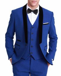 Mais recente três peças casaco calça projetos terno masculino do noivo azul real fino ajuste smoking formal casamento blazer (jaqueta + calças + colete)