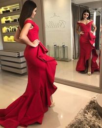 2021 Mermaid Ruffle Skirt Prom Dresses Red Satin Off The Shoulder robes de soirée Dress Evening Wear Bridesmaid Cocktail Party Formal Dress