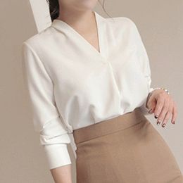 Женские рубашки с длинным рукавом сплошной белой шифоновой офисной блузки.