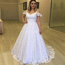 Princess Full Lace Off The Shoulder Wedding Dresses Zipper Back Arabic Bridal Dress Sweep Train Plus Size Wedding Gowns vestido de noiva