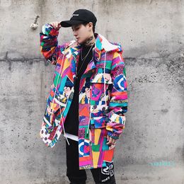 Fashion-2019 Spring Autrumn Jacket Japanese Street Doodle Men Thin Jackets Mens Hip Hop Hooded Jacket Coat US Size S-XXL