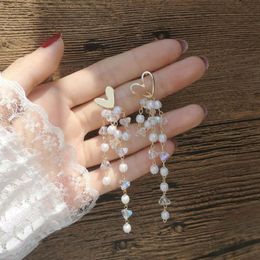 S925 Silver Needle Heart Earrings Long Tassel Crystal Pearl Jewellery Female Korean Temperament White Ear Beads