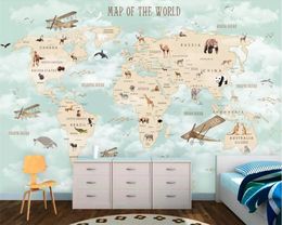 beibehang Custom children's room wall 3d wallpaper cartoon airplane sailing animal world map background wall murals 3d wallpaper