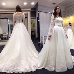 Setwell A-line Wedding Dresses Long Sleeves Lace Appliques Flowers Pleated Floor Length Sweep Train Bridal Gowns