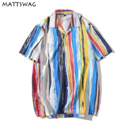 MATTSWAG Rainbow Colorful Print Men Shirt Striped Splice Shirt for Mens Casual Loose Men Short Sleeve Button Up Male