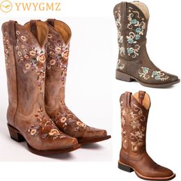 Boots Fashion Women's Floral Embroidered Western Cowgirl Shoes Knee High Riding Leather Vintage