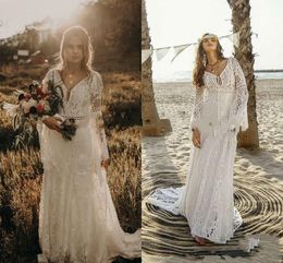 Vintage Crochet Lace Wedding Dresses with Long Sleeve 2021 V-neck Mermaid Hippie Western Country Cowgirl Bohemian Bride Gowns AL6709