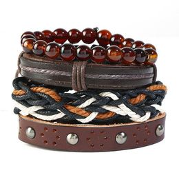 2020 Hot sale Men's genuine leather bracelet DIY PU Punk rivet Wax rope Beading Combination suit Bracelet 4styles/1set