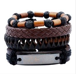 2020 Hot sale Men's genuine leather bracelet DIY PU Volcanic rocks Cross Scripture braid Beading Combination suit Bracelet 4styles/1set