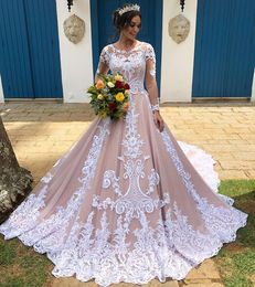 2020 Ball gown Wedding Dresses Long Sleeve Muslim Wedding Gown Lace Applique Country Princess Bridal Gown vestidos de noiva