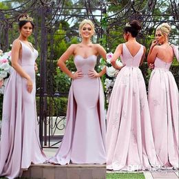 New African Long Mermaid Bridesmaid Dresses V Neck Sweetheart Overskirts Applique Beaded Western Open Back Wedding Guest Maid Of Honor Gowns