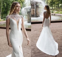 lUXURY Mermaid Wedding Dresses 2020 New High Neck Front Split Lace Beads Satin Bridal Gowns Sweep Train Bridal Dress vestidos de mariee