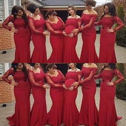 Cheap Sexy Dark Red Mermaid Bridesmaid Dresses For Weddings Three Styles Lace Appliques Long Sleeves Party Sweep Train Maid of Honour Gowns