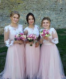 Setwell V-neck A-line Bridesmaid Dresses 3/4 Long Sleeves Lace Appliques Pleated Tulle Floor Length Wedding Guest Gowns