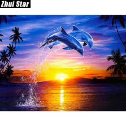 Zhui Star Diamond Painting Full Square Diamond "Sunset dolphin" 3D Embroidery Cross Stitch Rhinestone 5D DIY Mosaic Decor