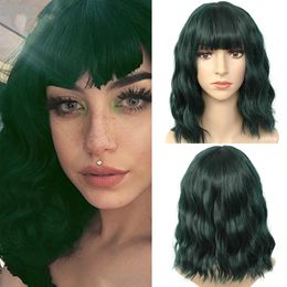 Green human hair wig Lolita short hair and bangs Cosplay water wave synthetic wig Front lace human hair wig