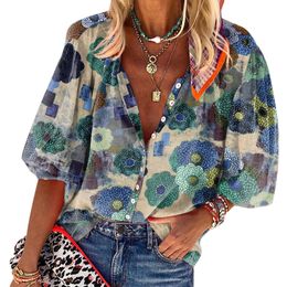 Wholesale Women's Blouses & Shirts Autumn Turn Down Collar Print Women Blue Cardigan Button Casual Tops Long Sleeves Single Breasted Bohemian Blouse
