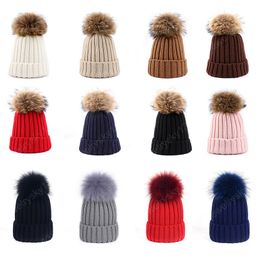 new women's pom-pom knit hat solid color striped woman real fur pompon hat thick winter warm hat casual woman beanie mask