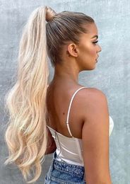 2022 bleach blonde hair extensions wavy 14" della parte dei capelli della coda di cavallino clip sull'estensione dei voluminoso Fancy Capelli mossi russo vergine bionda ossigenata 613 10a grado 140g