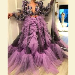 Purple Ruffles Deep V Neck Evening Dresses Flowers Illusion Full Sleeves Prom Dreess Without Sash African vestidos de fiesta