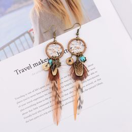 Bohemian Hollow Dream Catcher Leaf Feather Earrings For Women Indian Jewelry Blue Natural Stone Drop Dangle Earrings