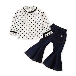 Tasarımcı Moda Çocuk Bebek Kız Siyah ve beyaz noktalar Tops + Jeans Denim Pantolon 2adet Giyim Moda Seti Giyim Ripped