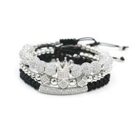 Charm Bracelets 3pcs/Set Luxury Crown Bracelet Men Hip Hop Silver Colour Micro Pave CZ Ball For Women Couples Pulseira Bileklik