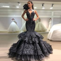 New Sparkly Black Evening Dress Mermaid V Neck Tiered Skirt Formal Party Prom Dresses robe de soiree Ruffles Gown abendkleider