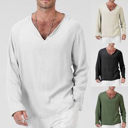 E-Baihui 2021 European American Mens White T shirts New Solid Colour T-shirt Summer Cotton and Linen Men's Casual T-shirt Long Sleeve Loose Top DFT9