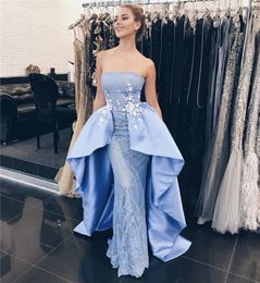 New Straight Strapless Prom Dresses witk Satin Skits Lace Appliques Evening Gown Special Occasion Dress abiti cerimonia