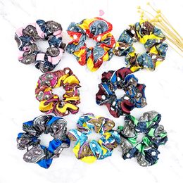 New Satin Hairbands Three Leaves Print Women Scrunchie Ponytail Holder Flower Scrunchies Pack Hair Tie Elastics Hair Bands