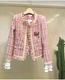 New women's autumn fashion o-neck tassel fringe tweed woolen flower decoration flare sleeve short coat casacos SML