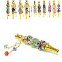 Metal Straight Hookah Shisha Inlay Beads Rhinestone Pendant Cigarette Holder Multi Color Nozzle Plated Gold Smoking Pipes 14 5mt G2