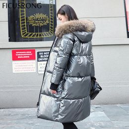 FICUSRONG Causal Glossy Silver Down Jackets Winter Women's Long Fur Collar Hooded Coat Parkas Thick Winter Jacket Women Outwear T200814