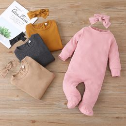 Spring Autumn Baby Solid Colour Long Sleeve Jumpsuits Headbands Sets Baby Clothing Fall Baby Rompers Climbing Clothes M2658