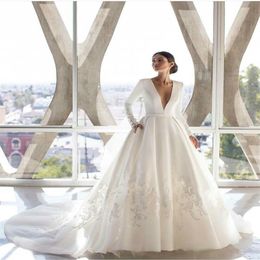 elegant wedding dresses lace appliqued long sleeves modest plus size bridal gowns ruched satin dress sweep train robes de marie cheap