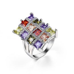 Sterling Silver Colourful Square Cut Shining Zircon Ring with Large Stones Ring for Women Fashion Jewellery Rings
