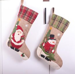 DHL50pcs Christmas Stocking Linen Graid Prints Ornament Party Decorations Santa Christmas Stocking Candy Socks Bags Xmas Gifts Bag