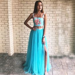 Blue Prom Dress 2020 Flower Appliqued Straps Evening Party Dress Slit Gown robe de soiree Satin Top Tulle Skirt Formal Gown Girl