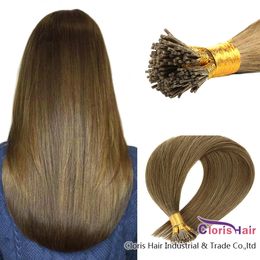 #8 Medium Ash Brown Fusion Keratin Pre Bonded I Tip Hair Extensions 100 Strands 50g Thick Micro Links Stick Tip Remy Straight Human Hair