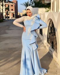 2020 Arabe Aso Ebi musulman bleu dentelle perlée robes de soirée à manches longues robes de bal sirène fête officielle Deuxième réception Robes ZJ0394