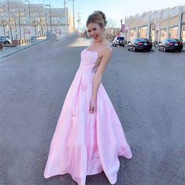 Pink Prom Dresses Long Side Triangle Vestidos de Graduación Sexy Satin Formal Evening Dress Pockets Open Back Prom Gown Floor