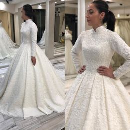 Saudi Arabia Wedding Dresses Muslim Long Sleeves High Neck Expensive Lace Crystal A-line Bridal Dress Gowns Plus Size Princess Long