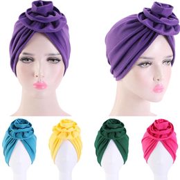 Flower Turban Indian Chemo Cap Muslim Women Pleated Cotton Hat Solid Colot Beanie Bonnet Headscarf Hair Loss Cover Skullies Hats