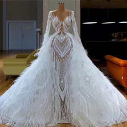 Puffy Abendkleider mit weißen Federn für die Hochzeit, arabische Robe De Soiree Couture, Aibye-Hochzeitskleid, Kaftane, Festzugskleider, Dubai304A