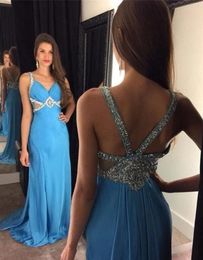 Light Blue Prom Dresses with Beads Sexy V-neck Long Evening Dress for Special Occasion Custom Made Party Dress Formal Vestidos De Festa Z82