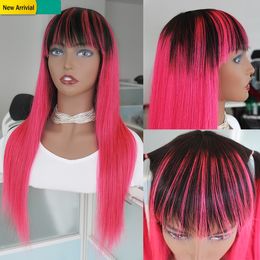 Pink Colored Wig Long Human Hair Peruvian Remy Straight Ombre Wig For Black Women Dark Roots 1B Pink Glueless Wigs With Bangs Pre Plucked
